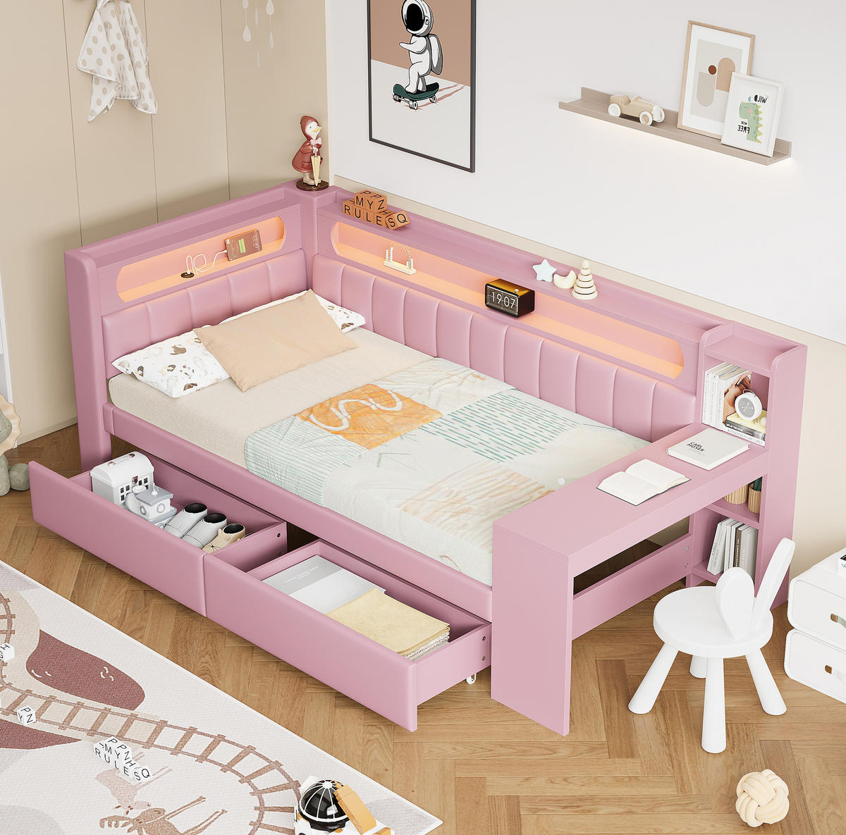POLSTERBETT 90/200 cm in Rosa mit LED-Beleuchtung, USB und 2 Schubladen - Rosa, Textil (90/200cm) - BEAOK