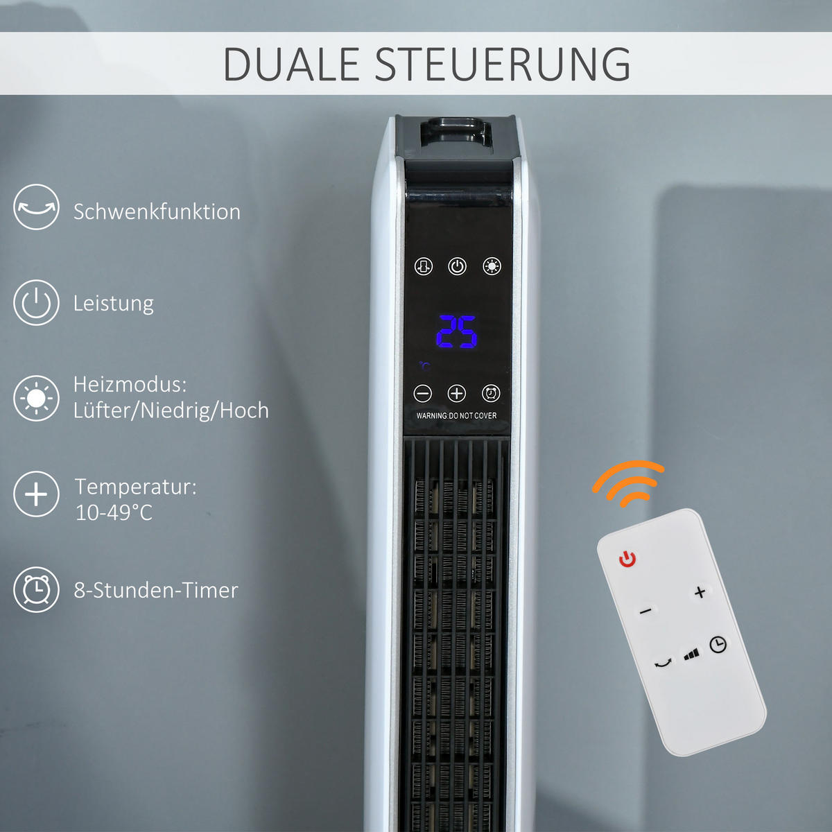 HEIZGERÄT, 2200W, mit Fernbedienung 8-Stunden-Timer, ABS, PA, Weiß+Schwarz - Weiß, Kunststoff (21/73/21cm) - HOMCOM