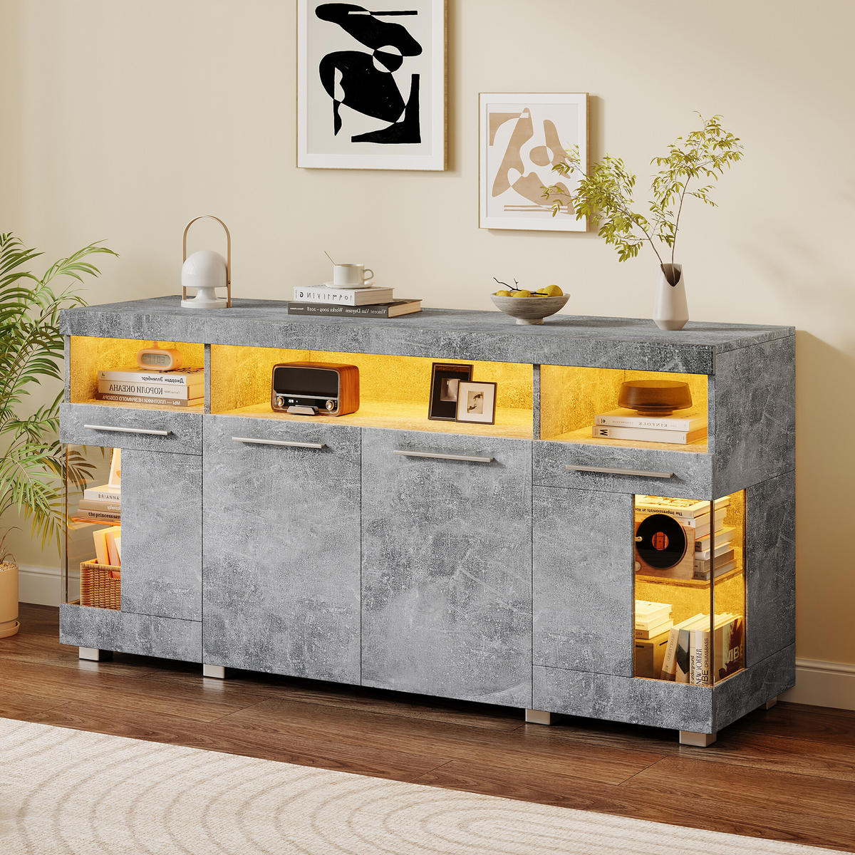 SIDEBOARD mit 3 Fächern und LED Grau - Grau, Glas/Holzwerkstoff (40/70/140cm) - Urban Meuble