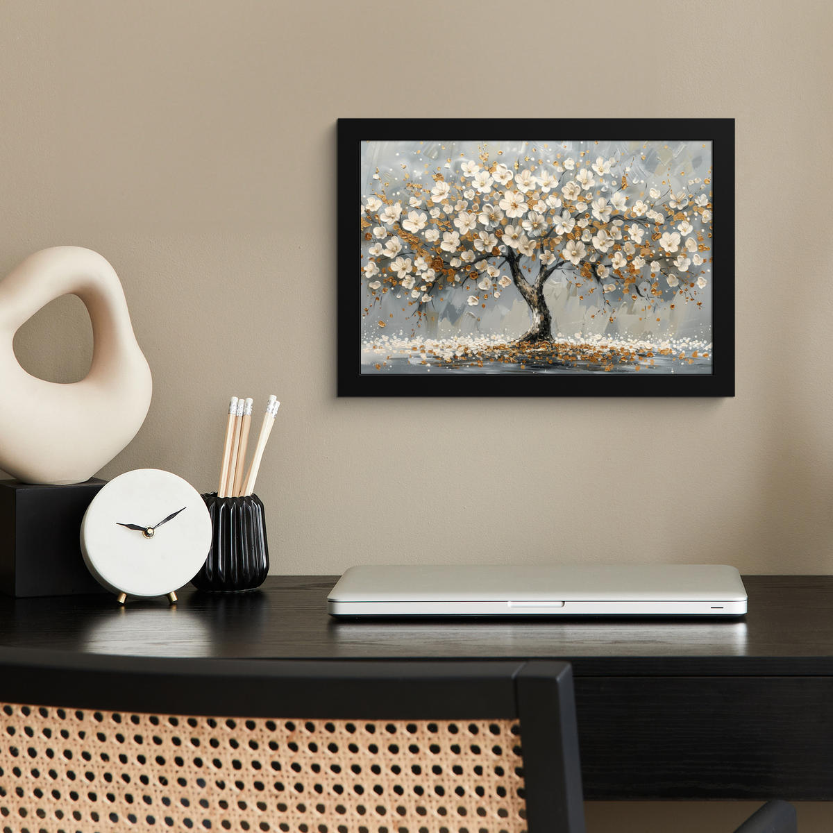POSTER MIT RAHMEN Baum - Blumen - Weiß - Natur - Kunst 30x20 cm - Weiß, Papier (30/20cm) - MuchoWow
