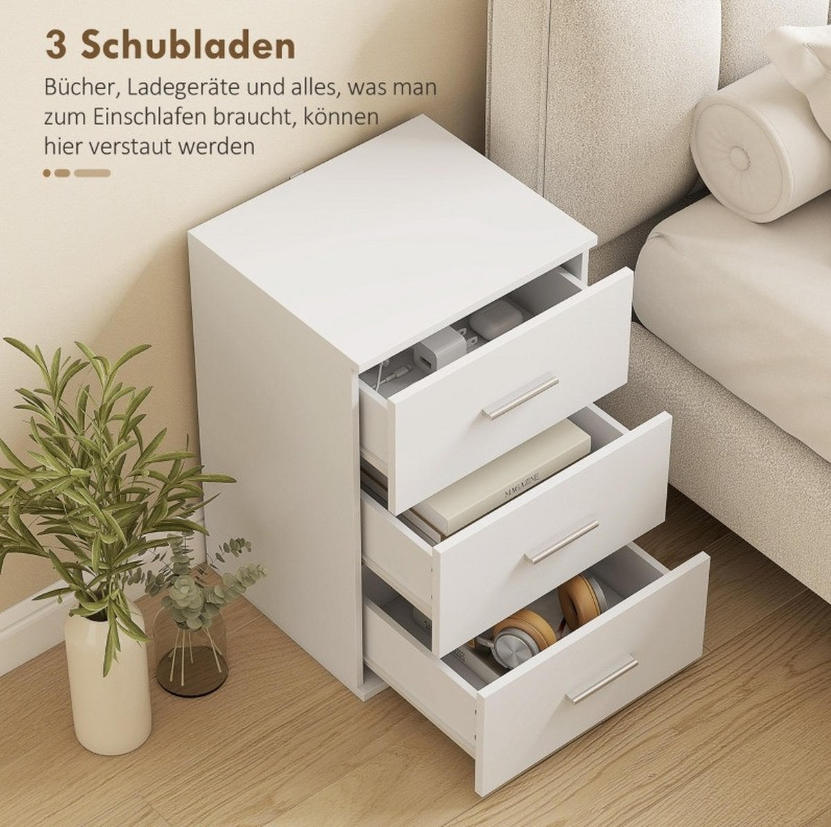 NACHTTISCH 40/60/35 cm Weiß aus Holz mit 3 Schubladen - Weiß, Holz (40/60/35cm) - OKMYHOME