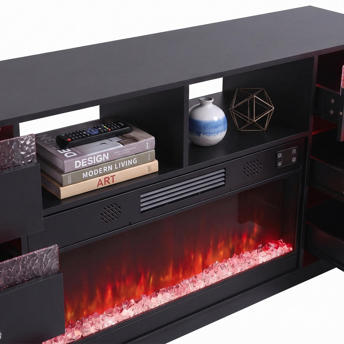 TV-SCHRANK mit Elektrokamin Beleuchtung RGB Lowboard 6 Schubladen Schwarz 180/40/65CM - Schwarz, Metall (180/65/40cm) - VANITII