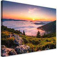 LEINWANDBILD Landschaft Berge im Nebel Sonnenuntergang 120x80cm - Multicolor, Textil (120/80cm) - Feeby