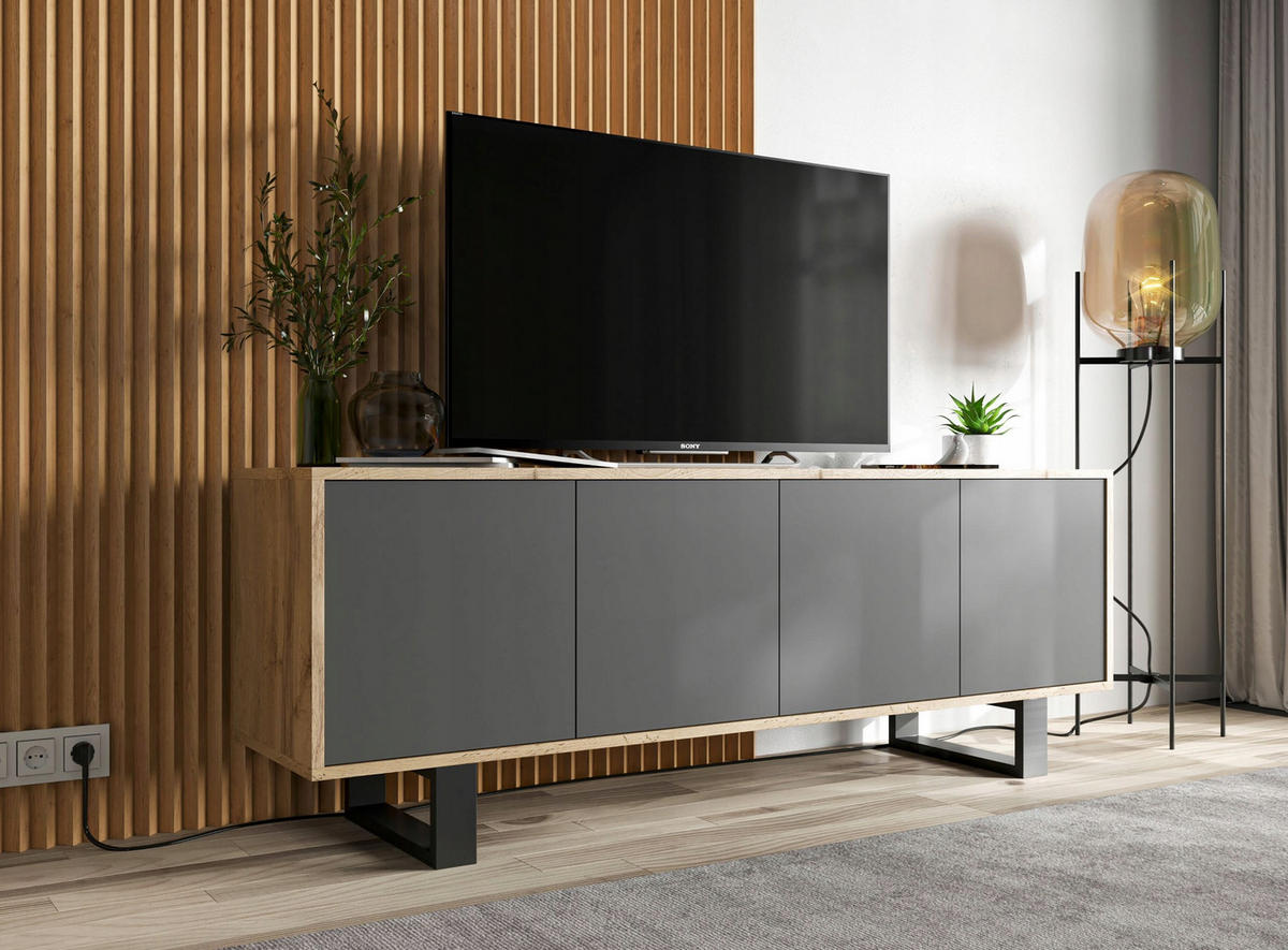 TV-SCHRANK Apollo2 Eiche wotan Graphit Matt mit Metallbeinen 150 cm - Graphitfarben/Schwarz, Holzwerkstoff/Metall (150/53/35cm) - Meble Lindner