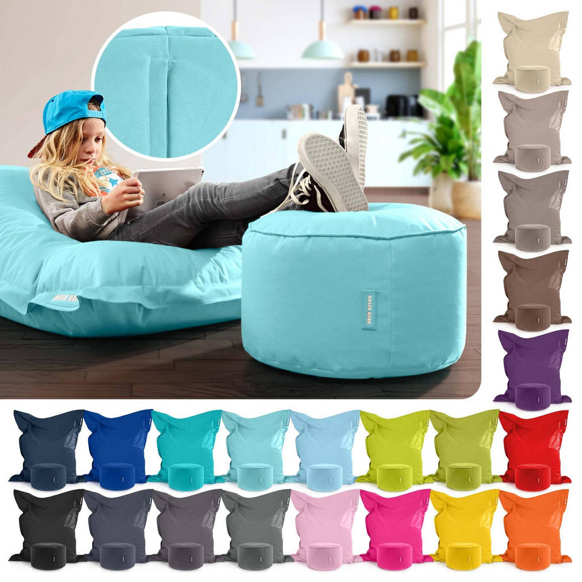 XXL-SITZSACK + Pouf 2er Set - 140x180cm - Hellblau, Textil (140/25/180cm) - Green Bean