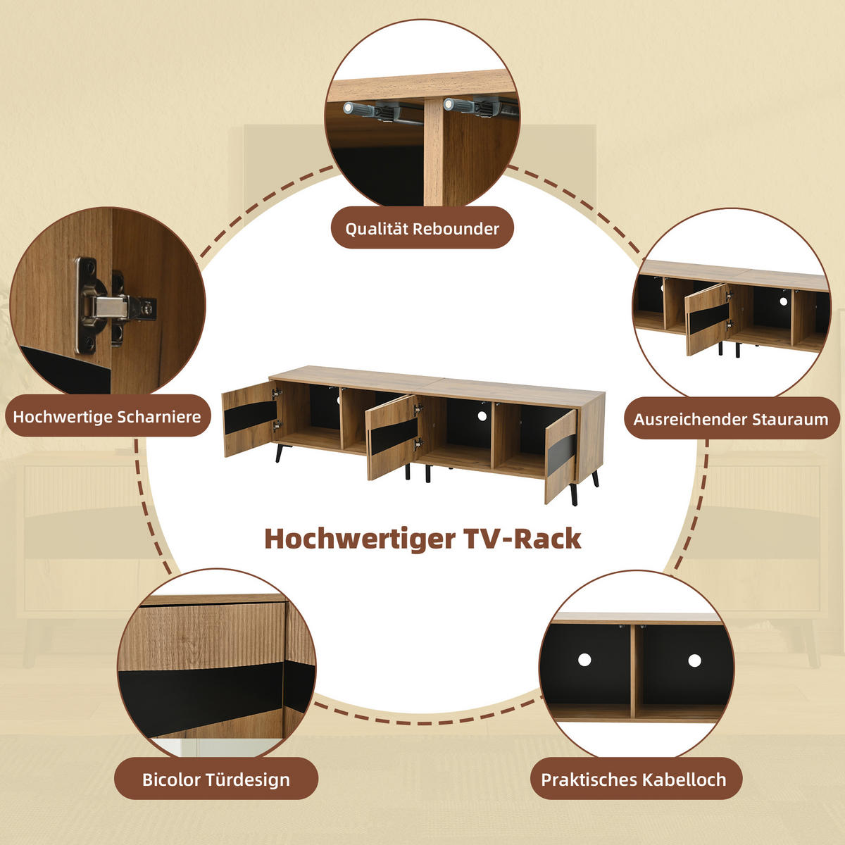 TV STOLEK v přírodní a černé barvě se 4 skříňkami, do obývacího pokoje, 180 × 40 × 50 cm - přírodní/černá, kompozitní dřevo (180/50/40cm) - STILVORA