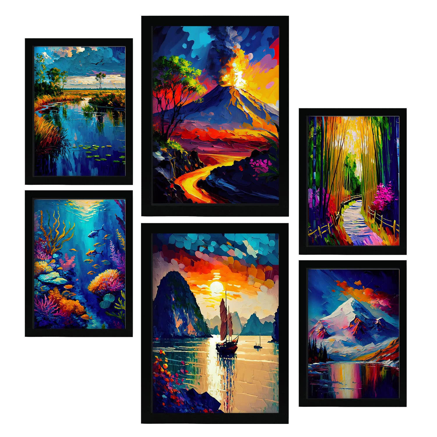 POSTER Set Mit 6 Wasser & Feuer Im Ölgemälde Stil A3 & A4 Rahmenlos - Klar, Papier (29/3cm) - Nacnic