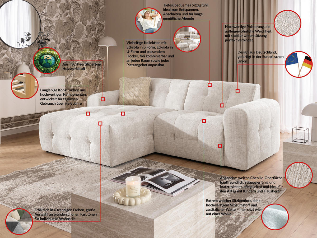 ECKSOFA inkl. Hocker Kozy im Bumpy-Design mit Schlaffunktion und fester Rückenlehne aus weichem Beige Chenille-Stoff - Ottomane links - Beige/Creme, Holz/Kunststoff (161/234cm) - S-Style Möbel