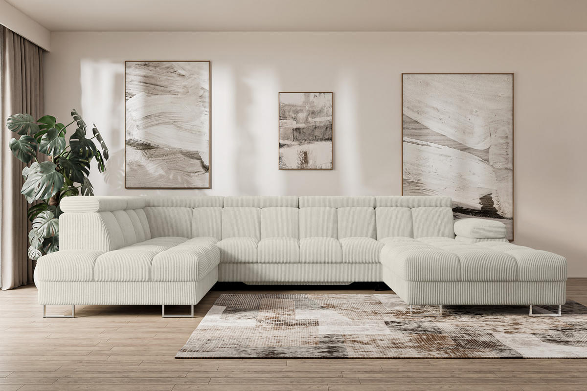 WOHNLANDSCHAFT mit Schlaffunktion und Bettkasten Ottomane Links COMA U 345x203x79 Creme Cord - Mokka, Holzwerkstoff/Textil (345/79/203cm) - ALTDECOR