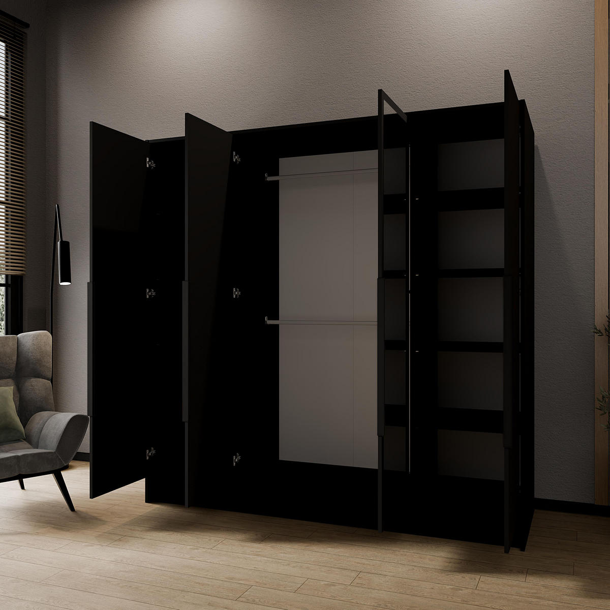 DREHTÜRENSCHRANK Laro mit Spiegel, Schwarz mit mit schwarzen Griffen, 200 cm - Schwarz, Holzwerkstoff (200/200/51cm) - Beautysofa