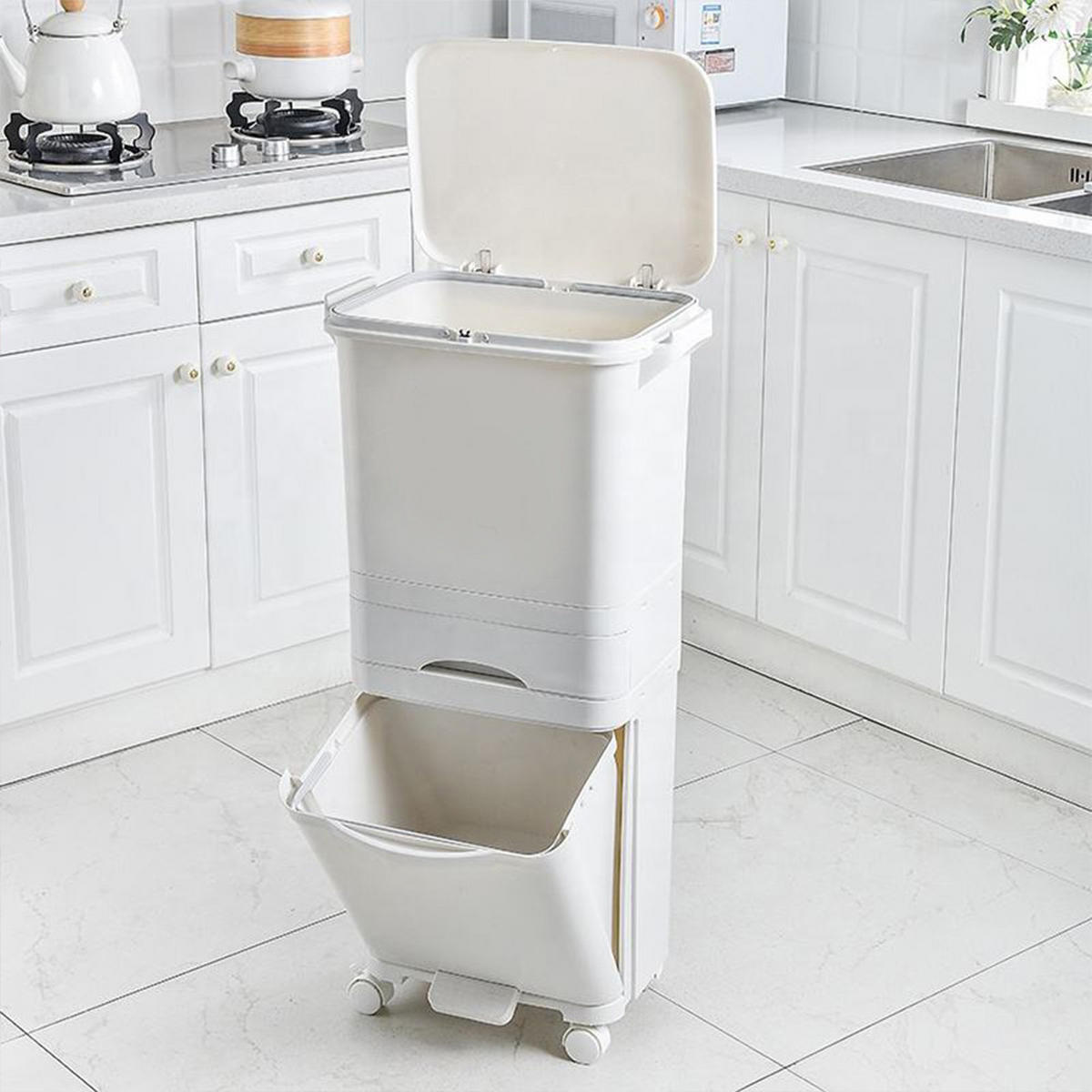 MÜLLEIMER 42L Mülltrennung 3-Stufig Schublade Rollen Kunststoff Weiß Kreatives und modernes Design 42 × 28,2 × 84 cm - Weiß, Kunststoff (42/84/28.2cm) - Livingandhome