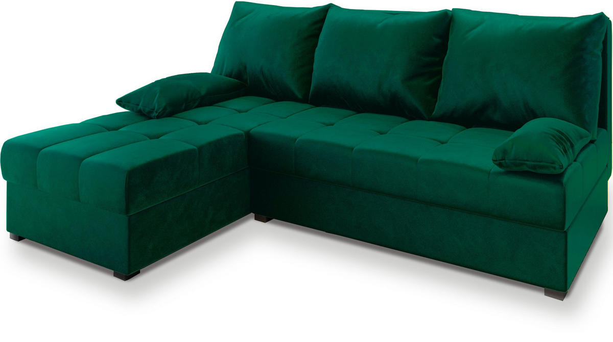 ECKSOFA RITA Grün Plüsch-Stoff mit Schlaffunktion - Grün, Holz (200/141cm) - MASSENO