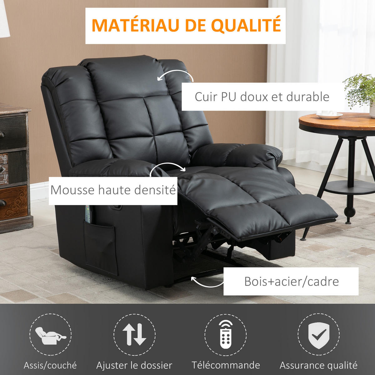 MASSAGESESSEL Schwarz mit Massagefunktion und Liegefunktion 94/99/99 cm - Schwarz, Leder (94/99/99cm) - PANGIVO