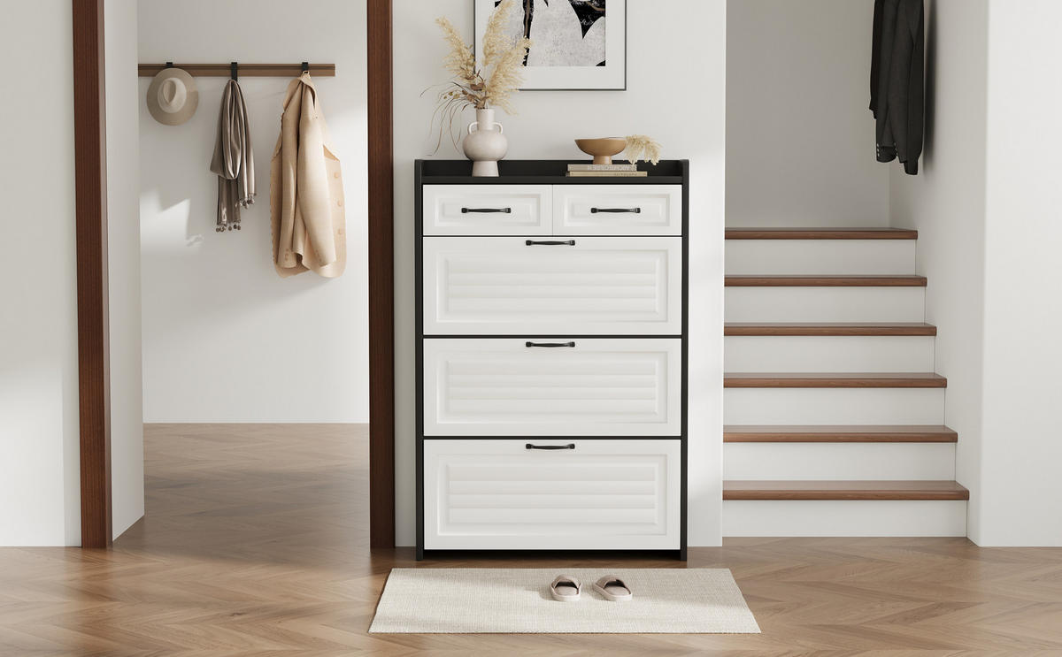 SCHUHSCHRANK Weiß+Schwarz 80/23.5/131 cm mit 3 Klappen und 2 Schubladen - Weiß, Holzwerkstoff (80/131/23.5cm) - PANGIVO
