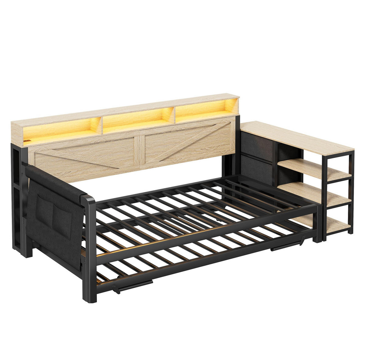 MULTIFUNKTIONSBETT 90/200 cm schwarz aus Metall mit Ausziehbett mit USB und LED - Schwarz, Holzwerkstoff (90/200cm) - OKWISH