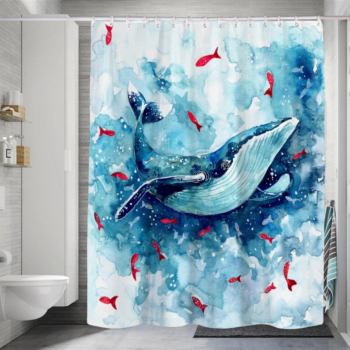 DUSCHVORHANG Bunt Wal Polyester 120 x 180 cm wasserdicht mit Haken - Multicolor, Kunststoff (120/180cm) - MCBOSON
