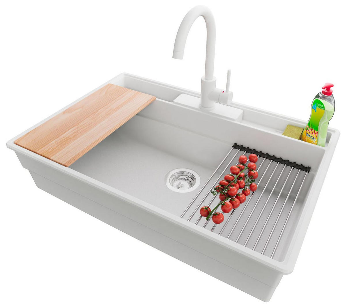 GRANITSPÜLE New York, 2-er set Weiß 78/53 cm 1 Becken + Küchenarmatur 32/20 cm + Ablauf-Set + Küchenzubehörset ab 80er Unterschrank - Chromfarben/Beige, Kunststoff (78/20/53cm) - Primagran