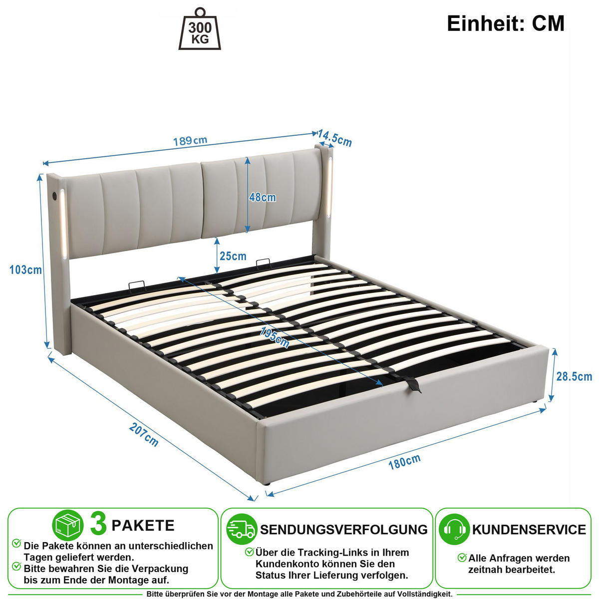 ČALOUNĚNÁ POSTEL 180/200 cm v šedé barvě s úložným prostorem, LED, USB a PU - šedá, kov/kompozitní dřevo (180/200cm) - CHICFURN