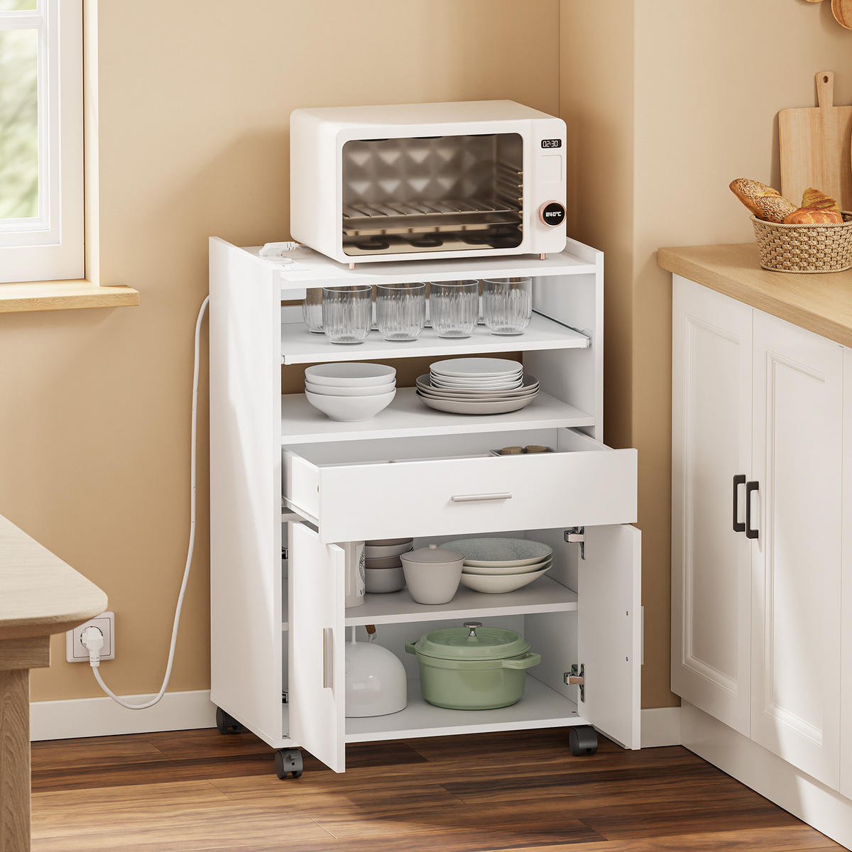 MIKROWELLENSCHRANK mit 4-in-1-Ladestation 61,5×40×92 cm - Ahornfarben, Fell (61/92/40cm) - SoBuy