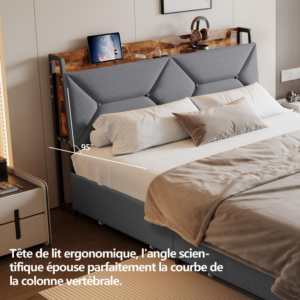 POLSTERBETT 140x200 cm 4 Schubladen USB Kopfteil grau - Grau, Holz (140/200cm) - LEBENLANG