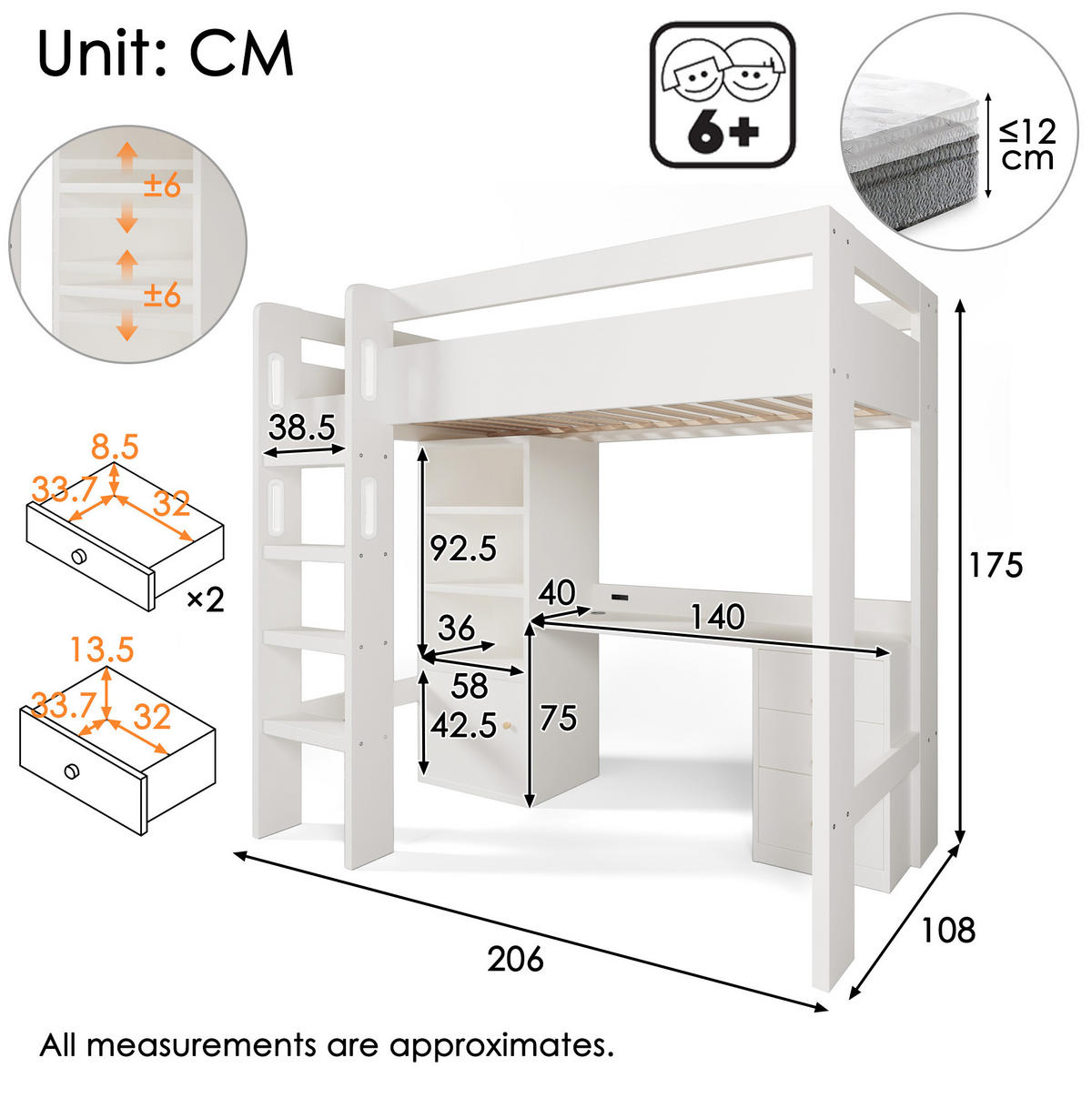 HOCHBETT 90/200 cm mit Schreibtisch, USB-/Type-C-Anschluss, Kleiderschrank und Stauraum, Weiß - Weiß, Holzwerkstoff (90/200cm) - Redom