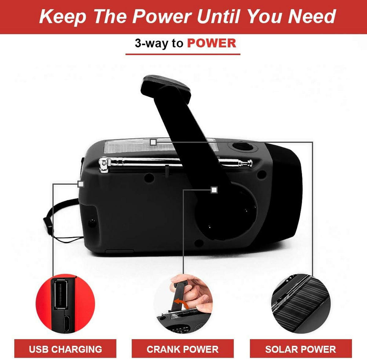 RADIO – NOAA AM/FM – Handkurbel-Generator / LED-Taschenlampe / 2000-mAh-Powerbank – Schwarz - Schwarz, Kunststoff (12.8/4/6.5cm) - DCA