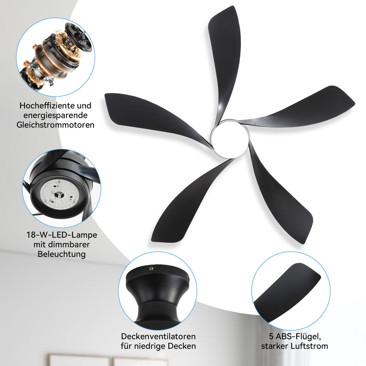 DECKENVENTILATOR 132cm LED Licht 5 ABS Flügel Timer Fernbedienung - Schwarz, Kunststoff (132/132/30.5cm) - CASIVA