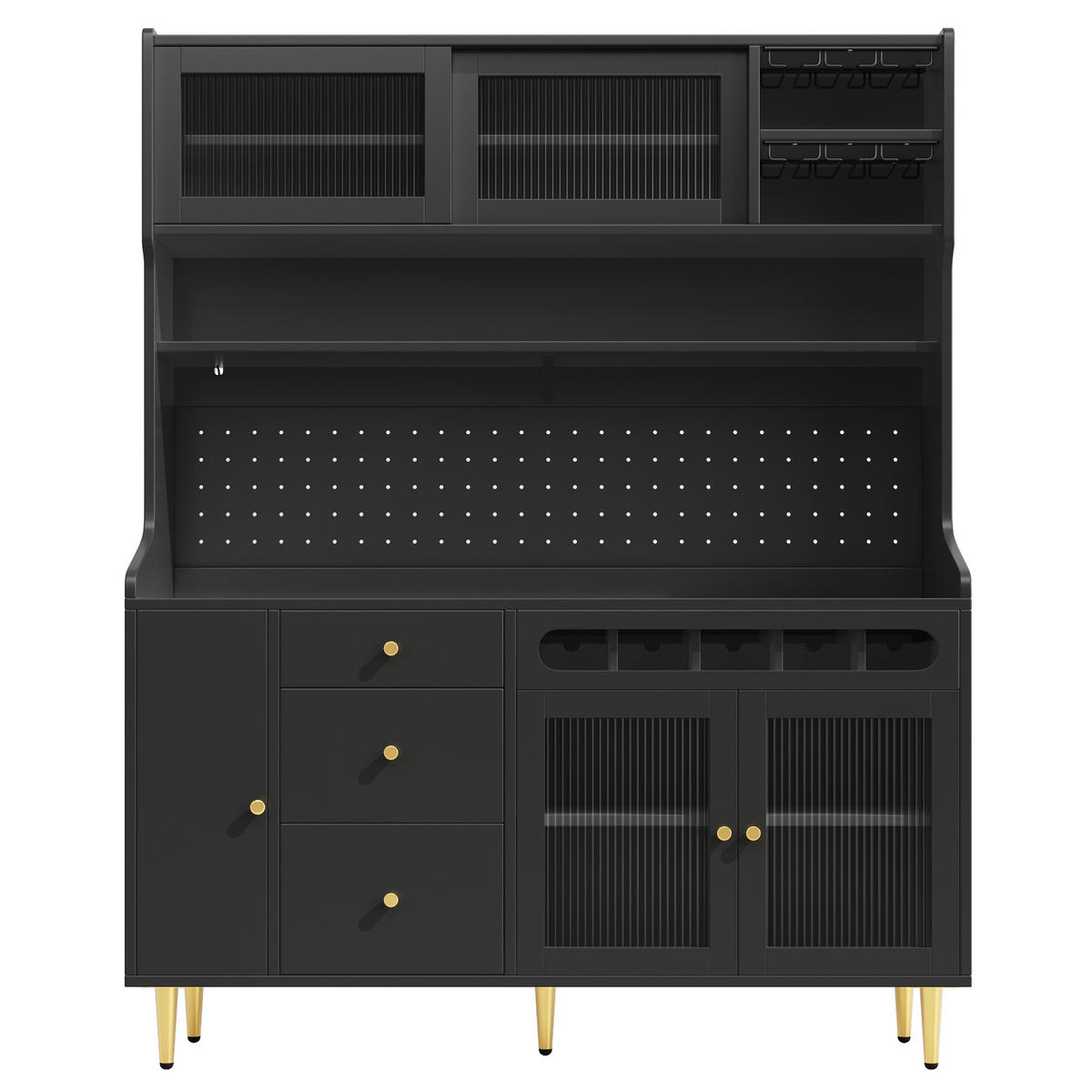 BUFFET 145/39/171 cm in Schwarz mit LED-Beleuchtung und Weinregal - Schwarz, Glas (145/171/39cm) - Flora Grace