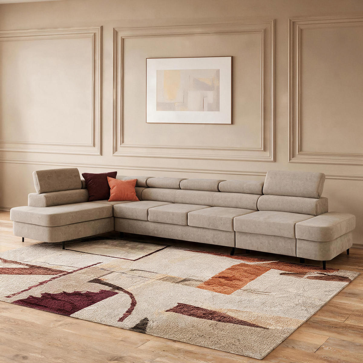 ECKSOFA PRIAM XXL L-Form Links mit Schlaffunktion 125x265 Velours Creme - Creme/Schwarz, Holz/Textil (203/420cm) - Muffo