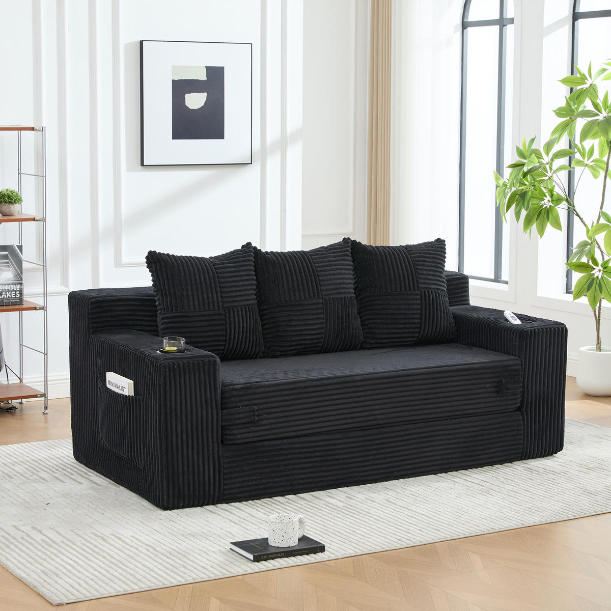 2-SITZER Bodensofa ausklappbar, Getränkehalter/Seitentaschen, Cord, Schwarz - Schwarz, Textil (172/64/87cm) - LVHOM