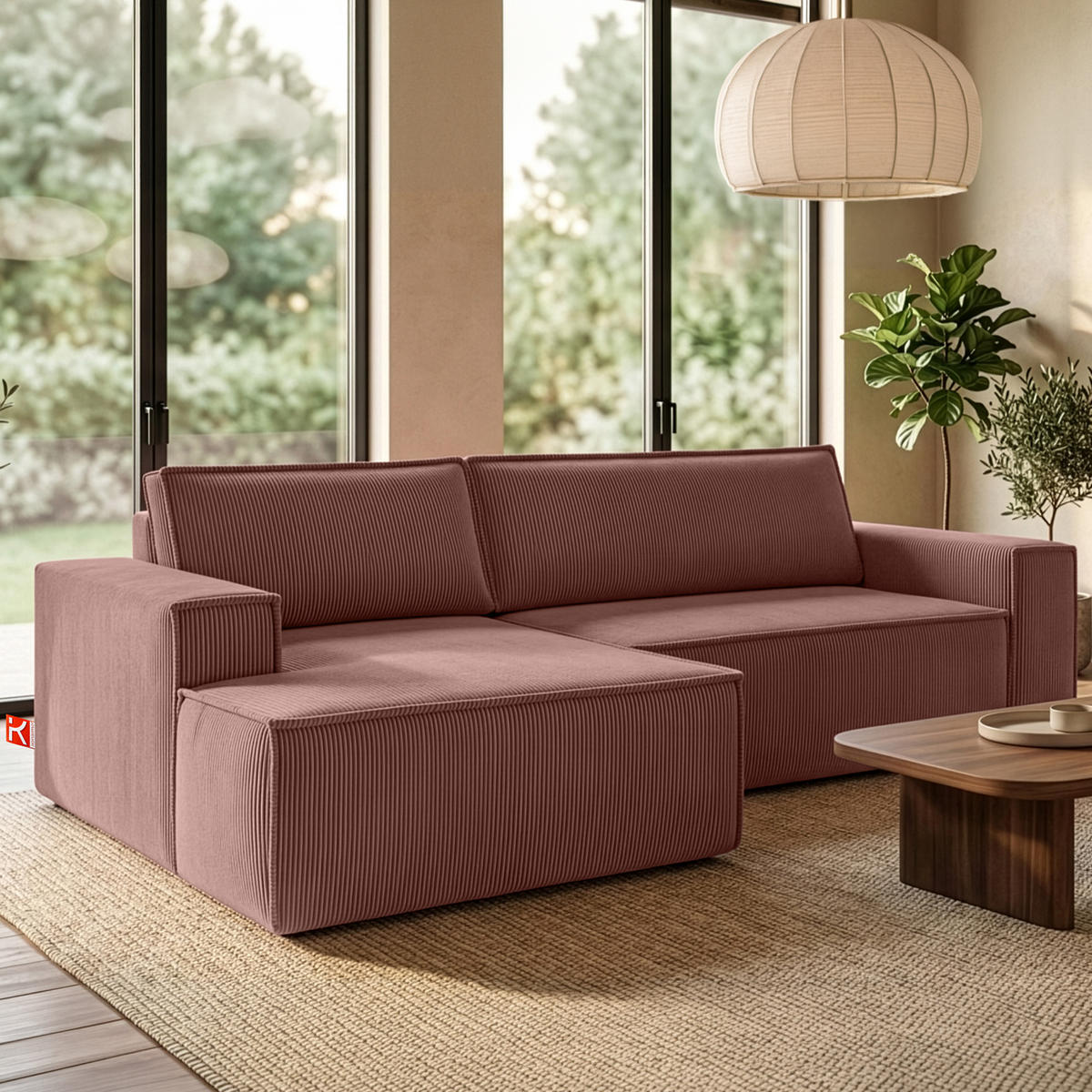 ECKSCHLAFSOFA-LINKS NAPI in Pet Friendly Cord-Stoff, rosa - Pink/Schwarz, Textil (262/148cm) - KONSIMO®