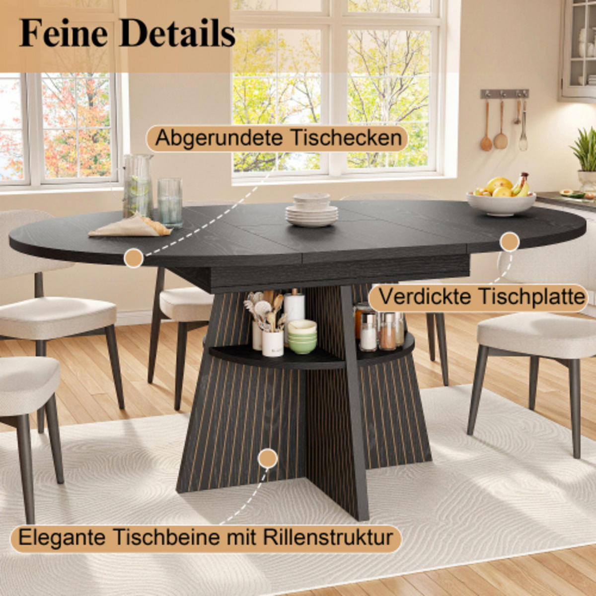 ESSTISCH Ausziehbarer 110-150×110×76 cm aus MDF und Metall mit Säulenfüßen und unterer Ablage, schwarz - Schwarz, Holzwerkstoff (150/110/76cm) - Luhomfu