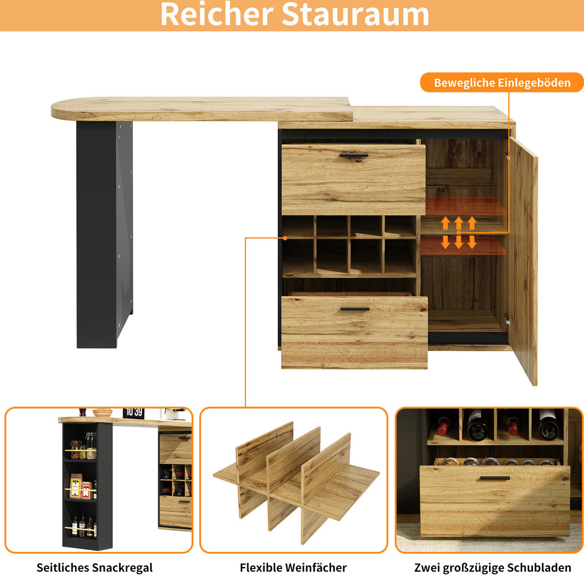 ESSTISCH 138-220/39/105 cm ausziehbar mit 2 Schubladen, Weinregal und offenen Fächern, Holzfarben - Naturfarben, Holzwerkstoff (138/39/105cm) - Redom