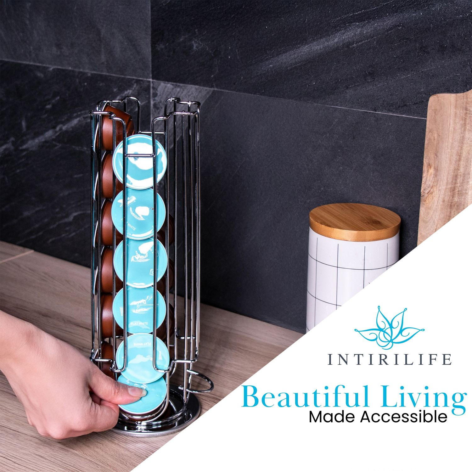 KAFFEE-KAPSELHALTER kompatibel mit Dolce Gusto Kapseln (24 Stück) - Silberfarben, Metall (13.5/33/13.5cm) - Intirilife