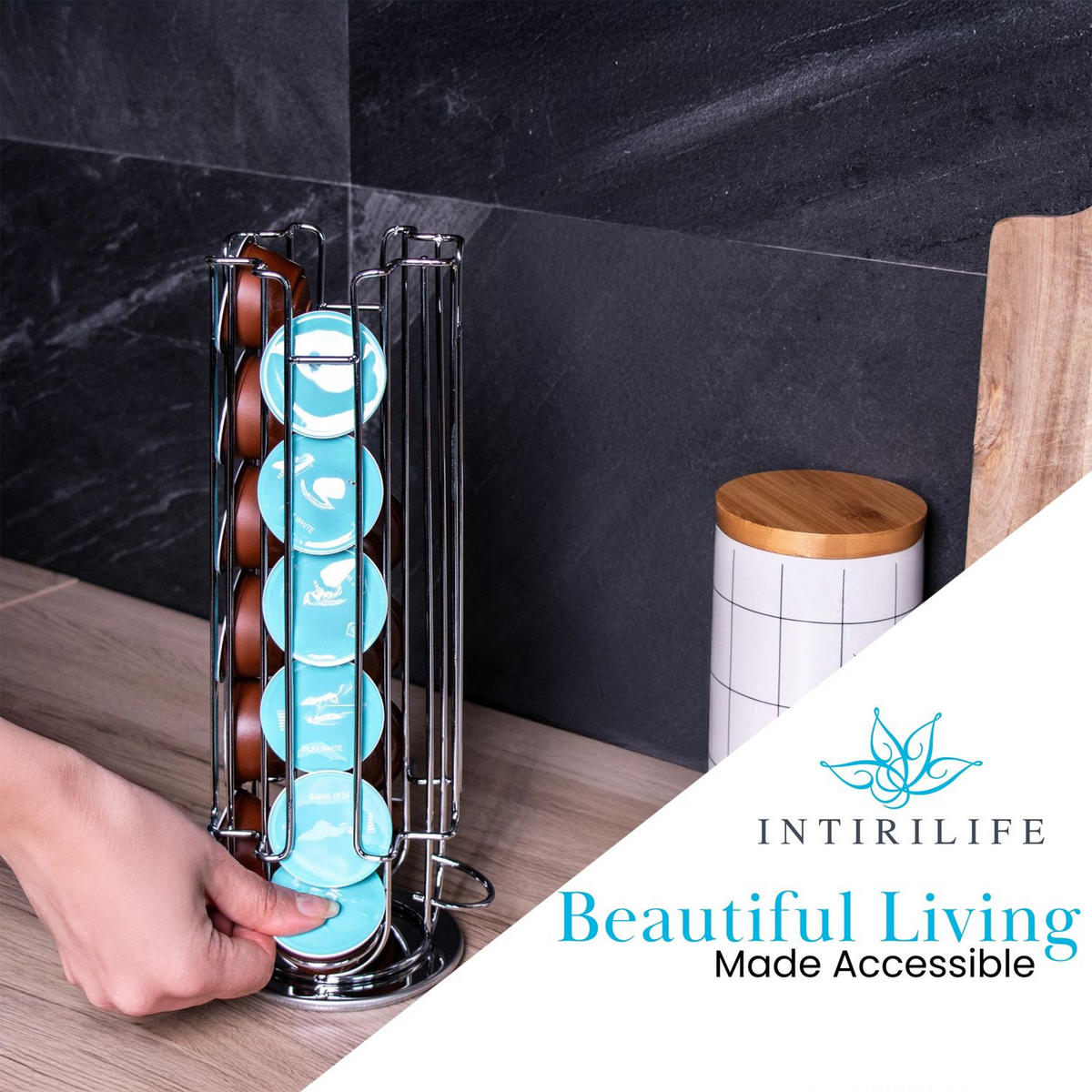 KAFFEE-KAPSELHALTER kompatibel mit Dolce Gusto Kapseln (24 Stück) - Silberfarben, Metall (13.5/33/13.5cm) - Intirilife