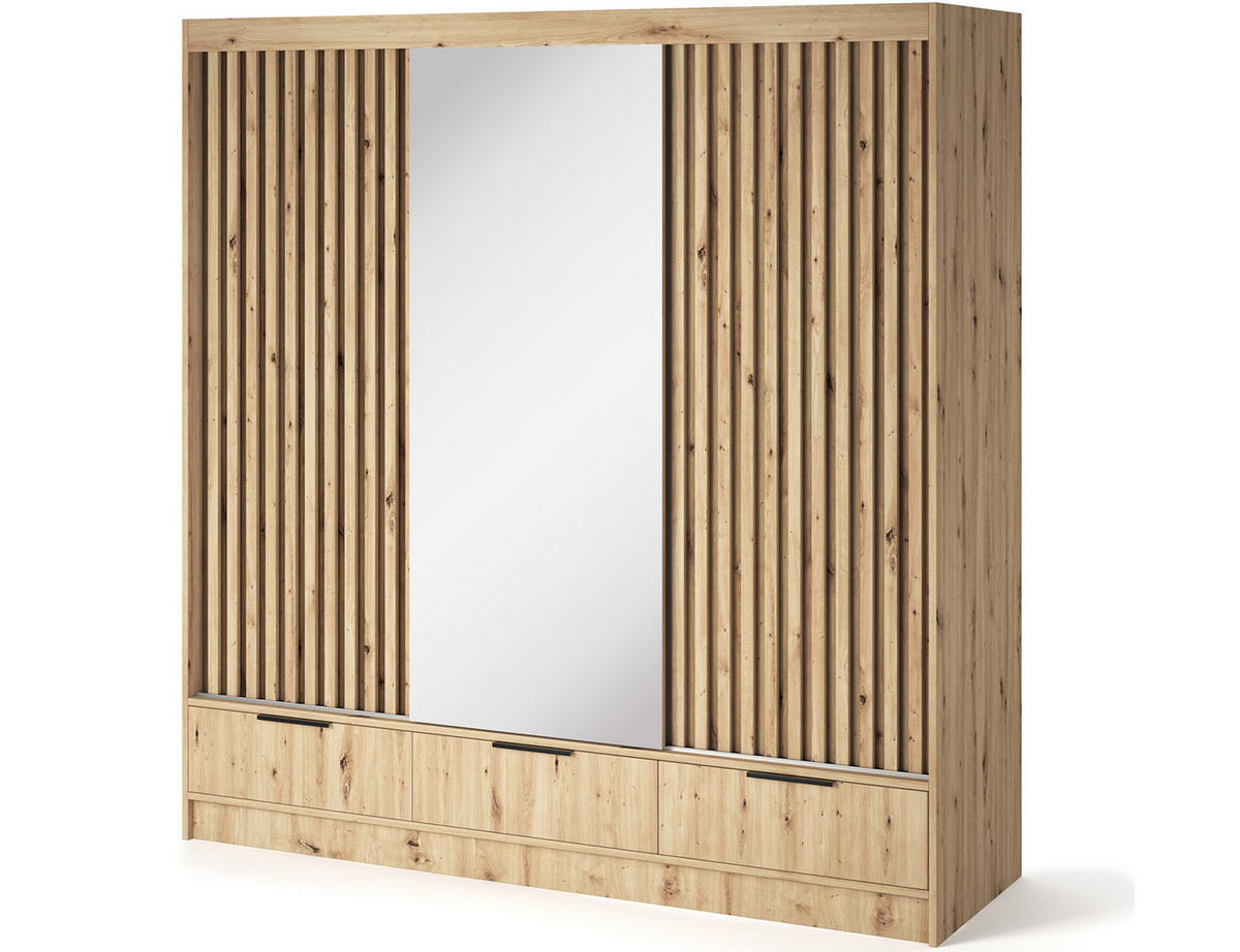 SCHIEBETÜRENSCHRANK - Schrank Yoga 180 mit Spiegel - Eiche Artisan - Schwarz/Eiche Artisan, Holzwerkstoff/Metall (180/204/60cm) - Möblo