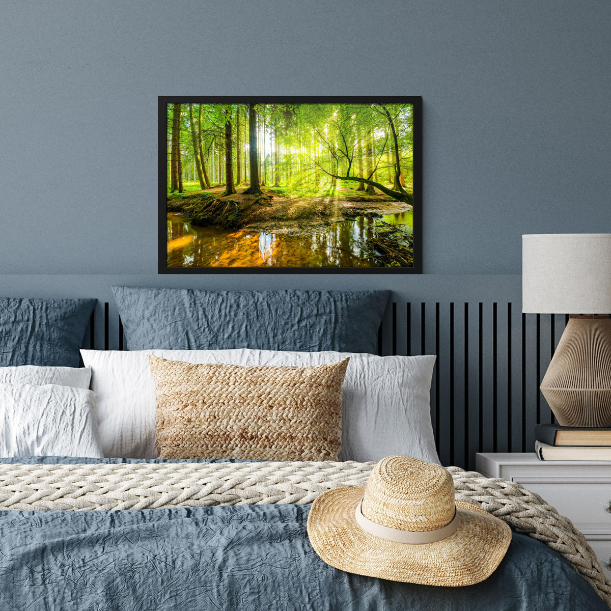 POSTER MIT RAHMENGERAHMTES BILD Wald - Landschaft - Wasser - Bäume - Sonne - Grün - Natur 60x40 cm - Grün, Papier (60/40cm) - MuchoWow
