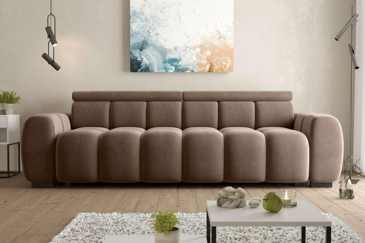 BIGSOFA ALESSIO Velours Taupe mit elektrischer Sitztiefenverstellung - Taupe, Kunststoff/Textil (248/77/108cm) - 99rooms