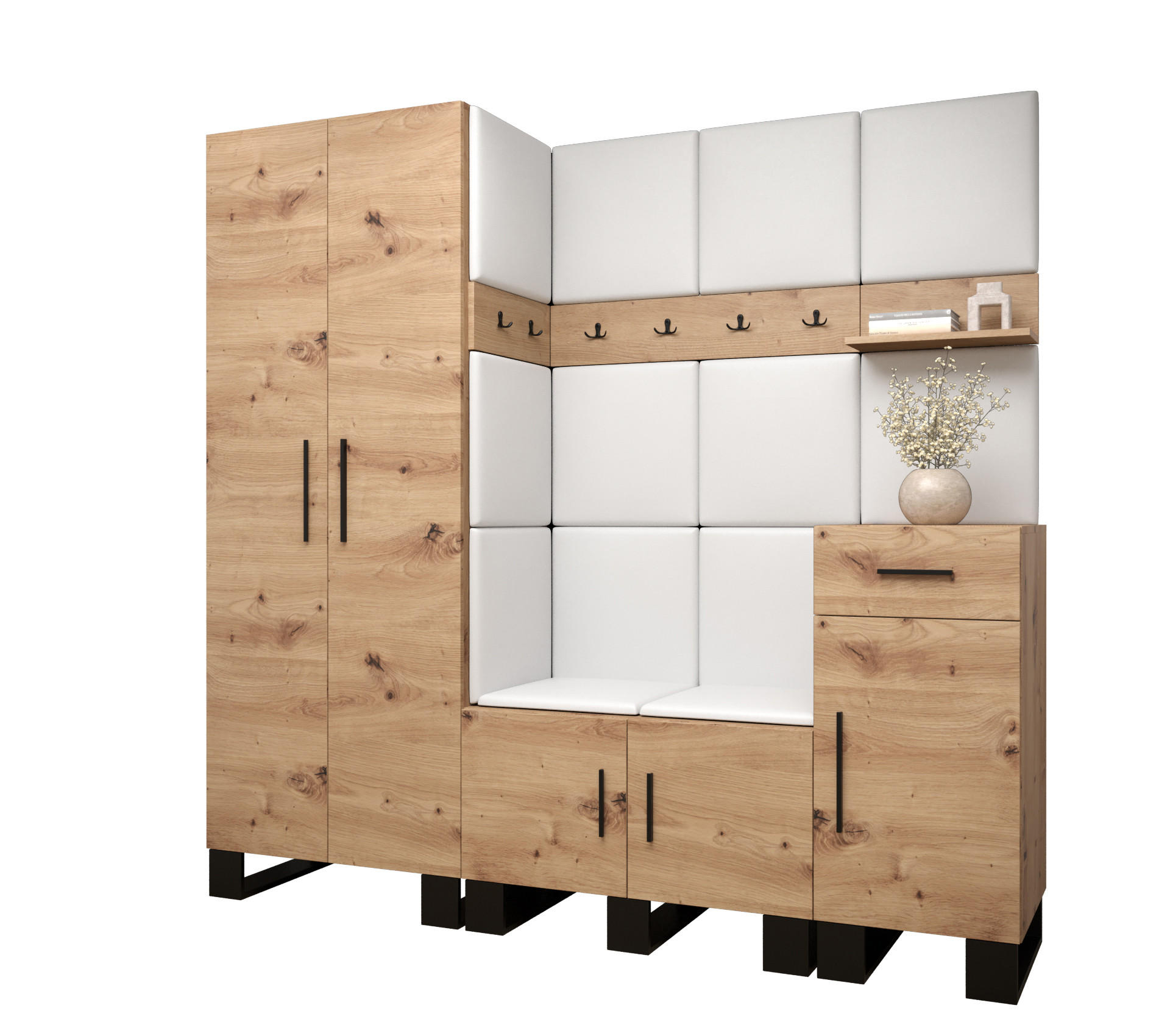Abiks Möbel Garderoben-Set Eiche Artisan, Weiß 200x196x45.6 cm