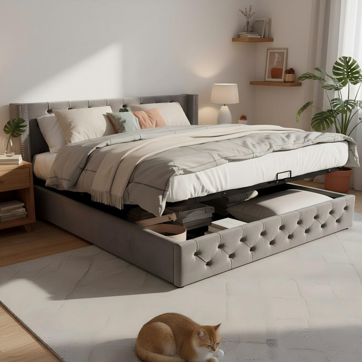 POLSTERBETT 180x200 Samt Ohrenform Hydraulisch Grau - Grau, Holz - FLIEKS