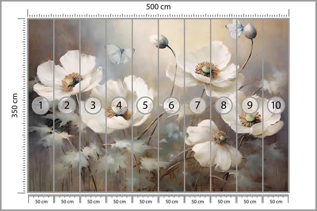 FOTOTAPETE für Schlafzimmer Abstrakte Weiße Mohnblumen Schmetterlinge Aquarell 500x350 - Beige/Braun, Papier (500/350cm) - Muralo