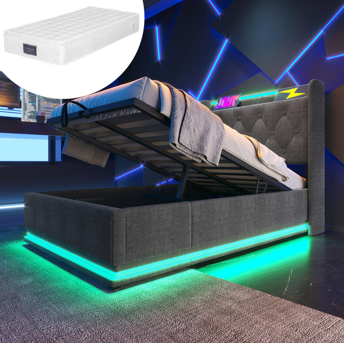 ČALÚNENÁ posteľ 90/200 cm sivá s LED osvetlením USB-C a úložným priestorom z ľanu - sivá, textil (90/200cm) - OKWISH