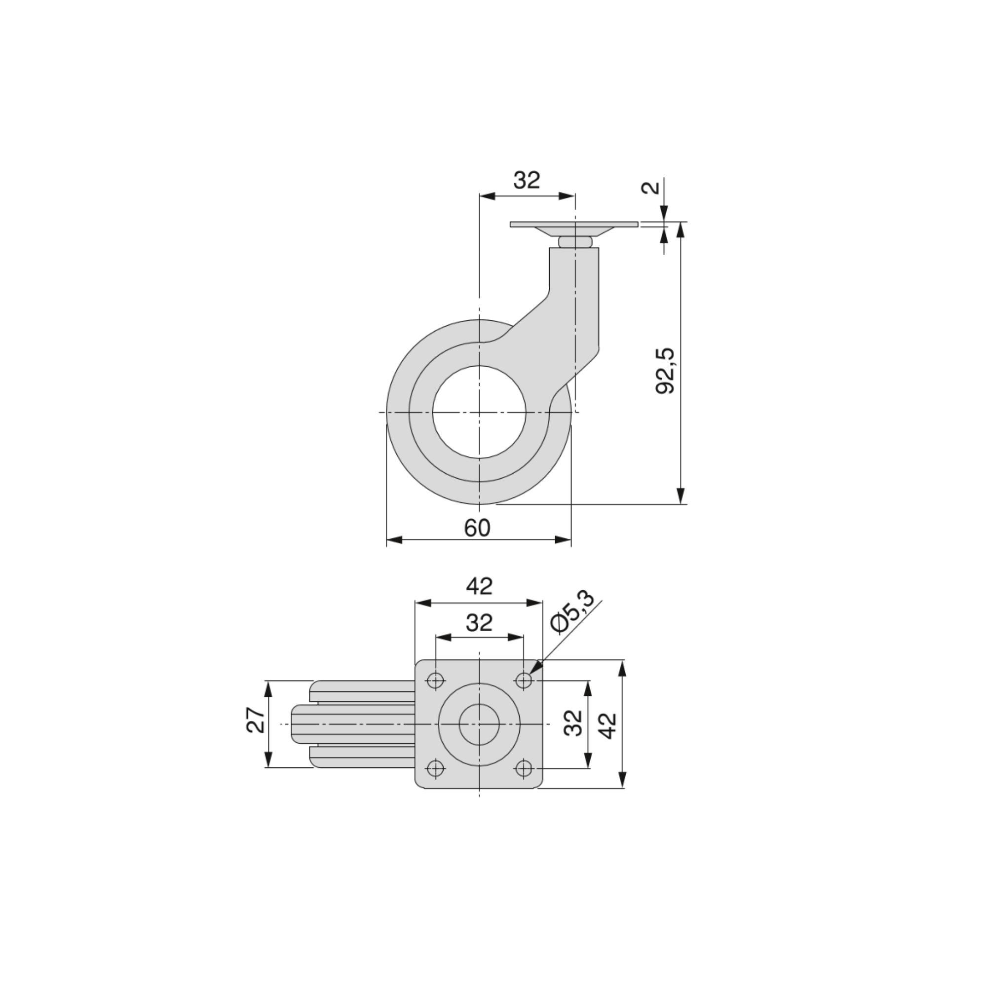 ROLLEN Hole 2 mit Montageplatte, Durchmesser 60mm, Stahl und Kunststoff, Schwarz lackiert 4er-set - Schwarz, Metall (4.2/10/4.2cm) - EMUCA