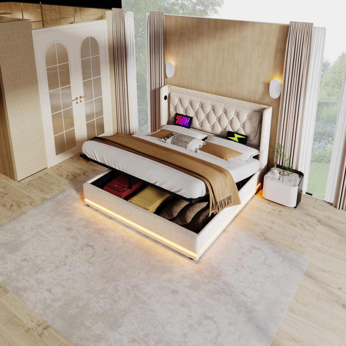 POLSTERBETT mit Stauraum und LED 180x200 cm Baumwolle Beige - Beige, Metall (180/200cm) - Meubliv
