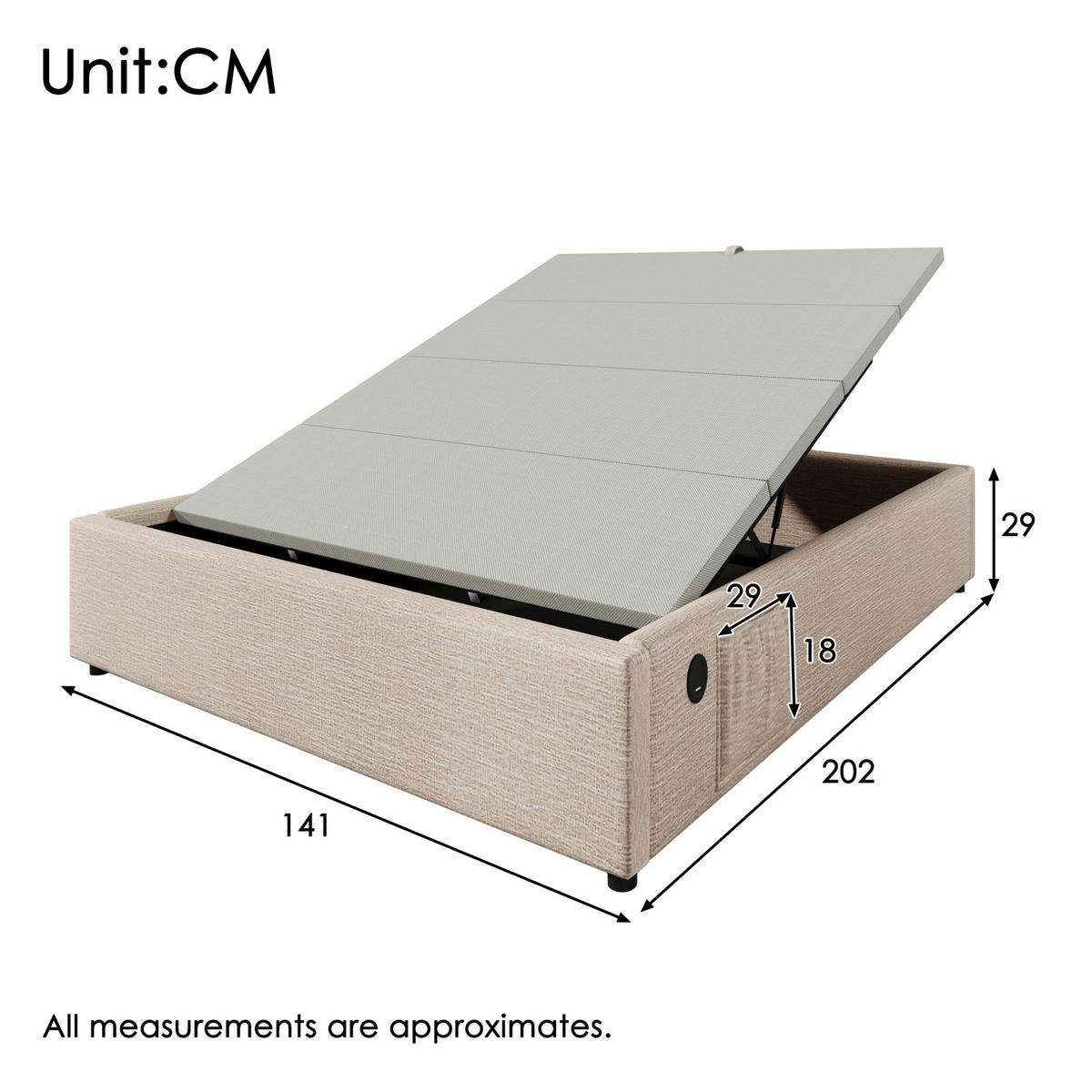 ČALOUNĚNÁ postel 140/200 cm béžová a přírodní z lnu, kovu a masivu s USB a úložným prostorem - béžová, textil (140/200cm) - OKWISH