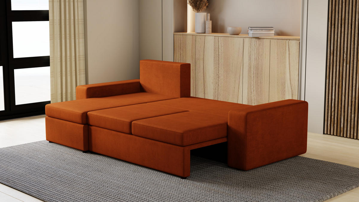 ECKSOFA Paco mit Bettkasten und Schlaffunktion, L-Form/XL-Form, Velourstoff, Universal - Rostfarben, Holzwerkstoff (246/145cm) - 4ALL HOME