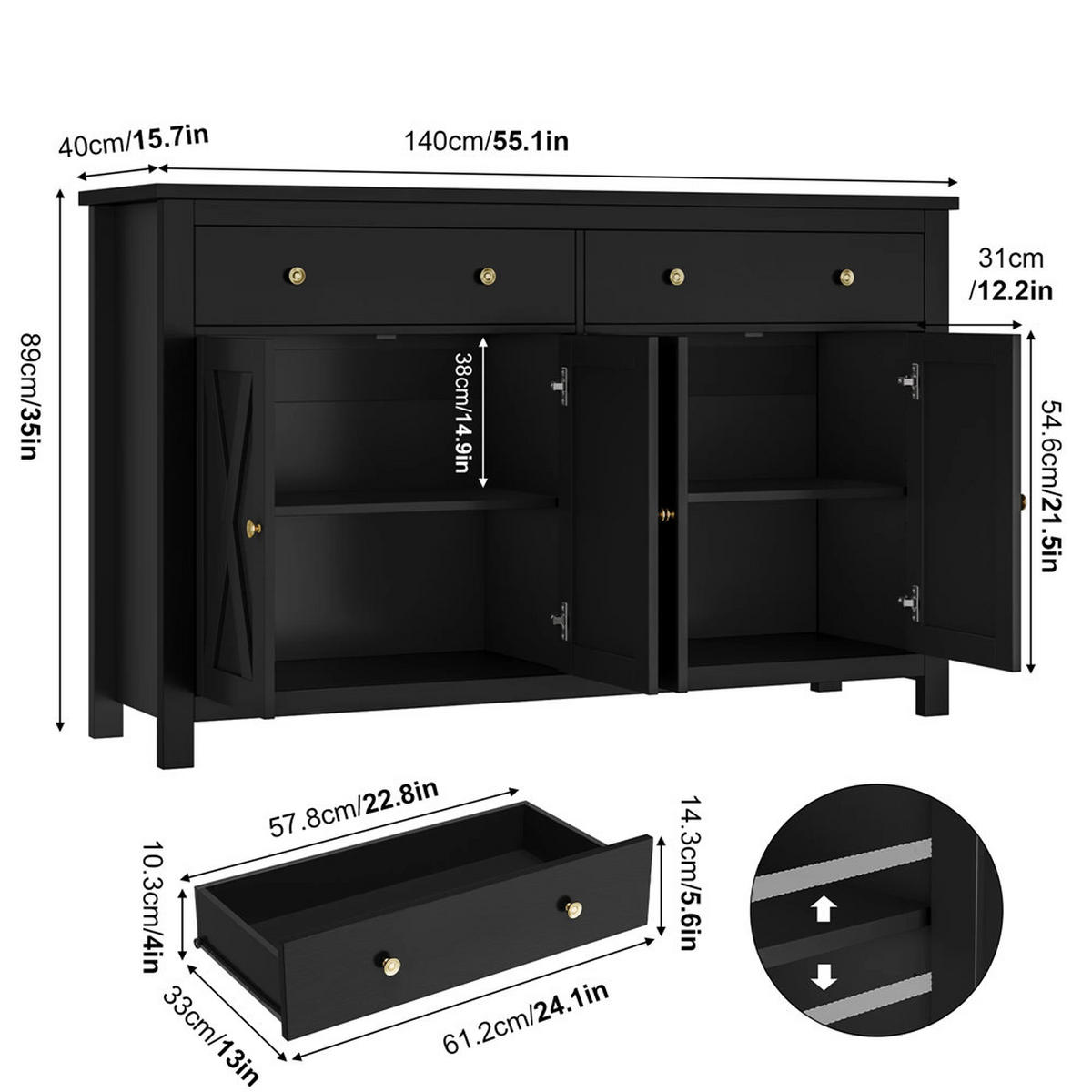 SIDEBOARD 140x89x40 cm Küchenschrank 2 Schubladen Schwarz - Schwarz, Holz (140/89/40cm) - Kaket