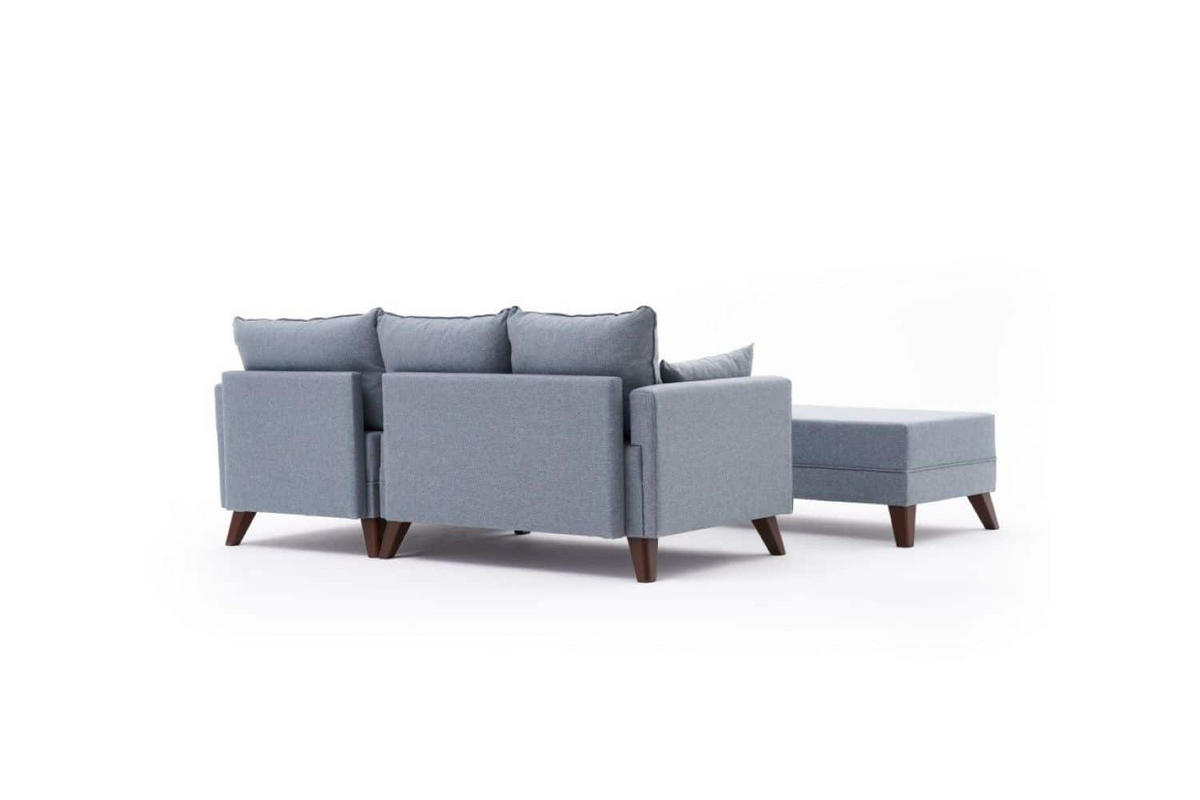 ECKSOFA mit Hocker als Schlaffläche, perfekt für kleine Räume - Blau/Walnussfarben, Holz/Kunststoff (140/205cm) - myHomelando