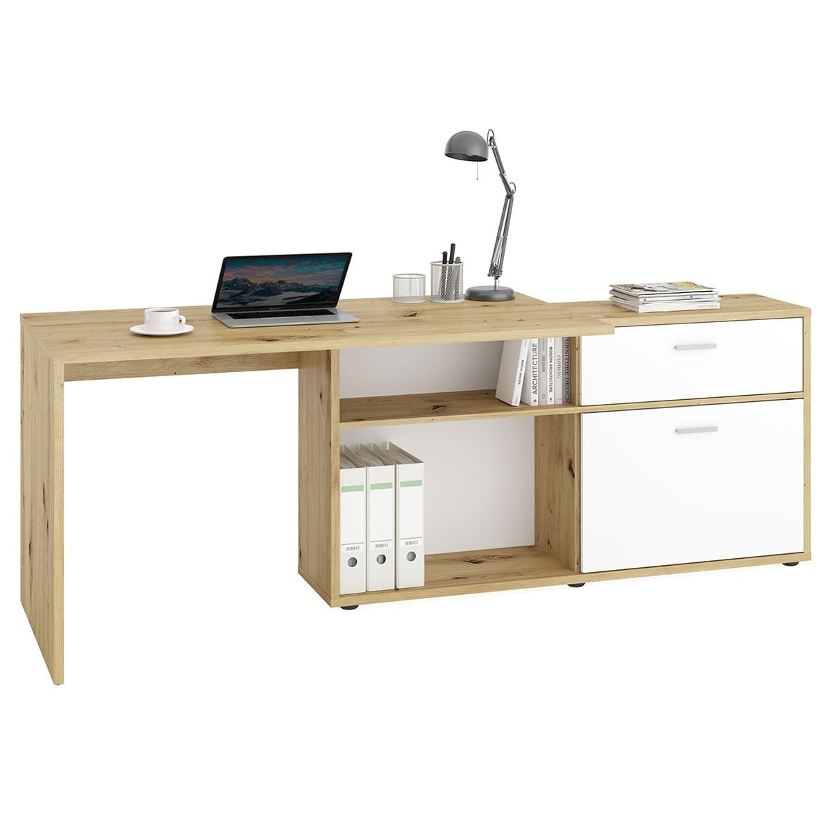 ECKSCHREIBTISCH mit niedrigem Stauraum, umwandelbar, L138cm - Diego - Eiche Artisan, Holzwerkstoff (39.5/138/75cm) - Calicosy