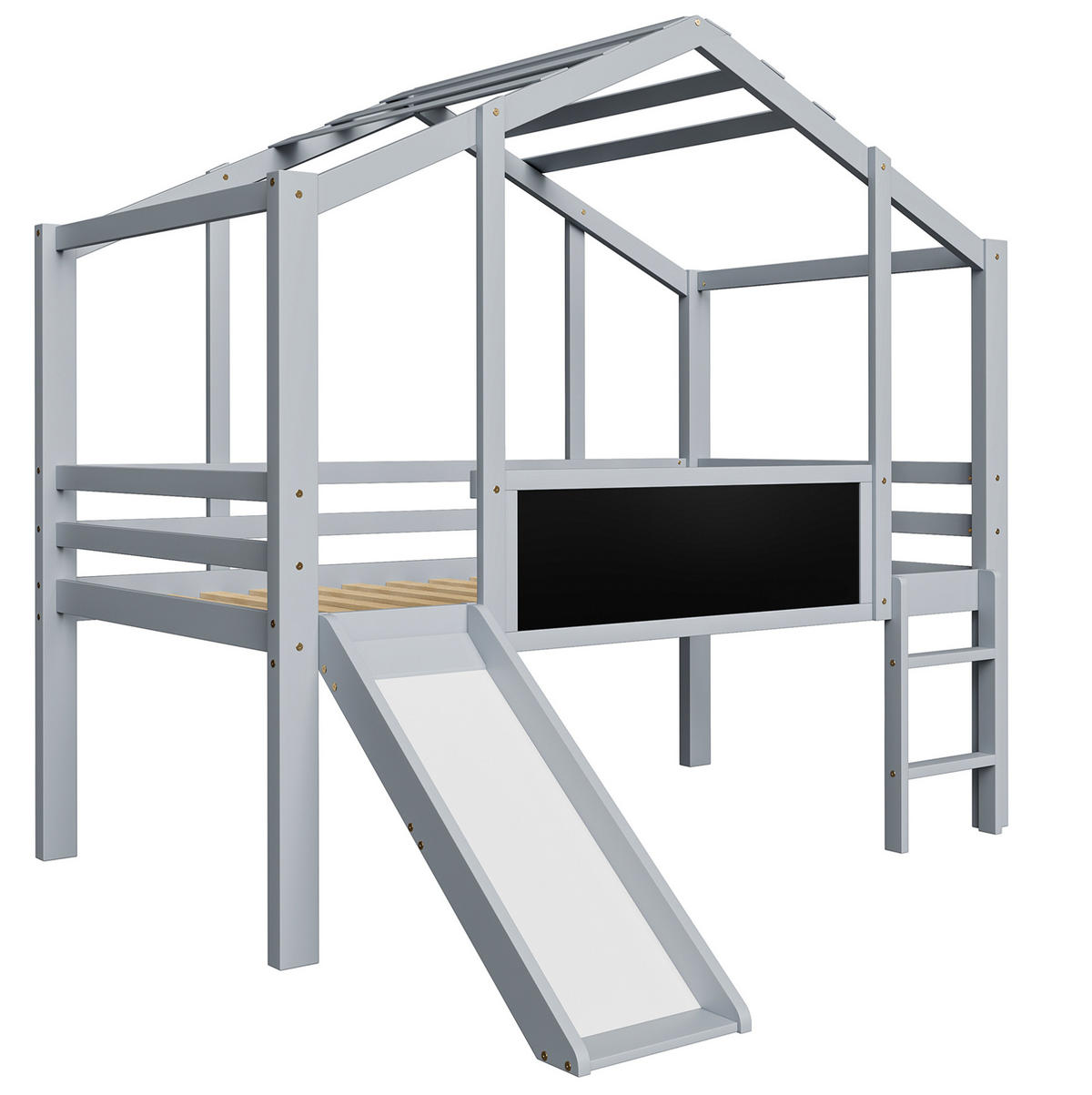 KINDERBETT aus Massivholz 90x200 cm Grau mit Rutsche, Leiter, Tafel und Hausdach - Grau, Holz (90/200cm) - Modfu